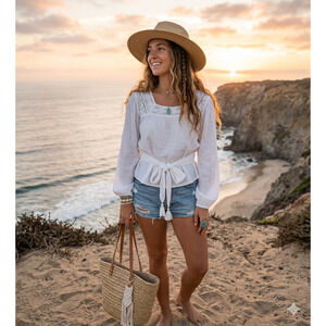 Free People Small Artsy Boho Gauze Tassels Ties Bohemian Top Blouse Cottagecore